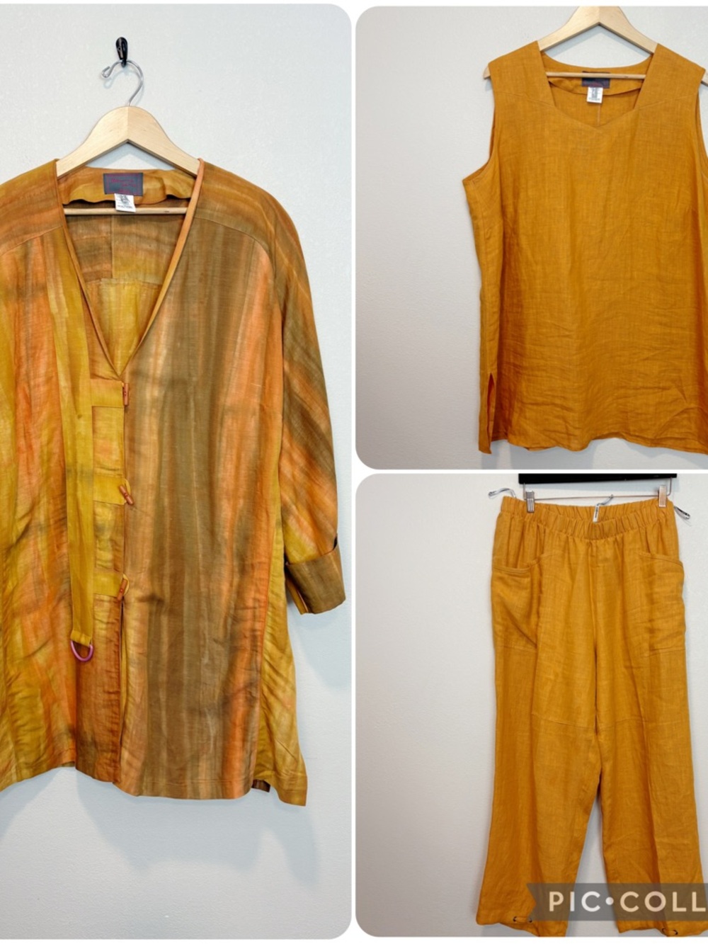 Sempre Piu Mustard Orange Linen Pantsuit Set 3 Piece Lagenlook Size 18